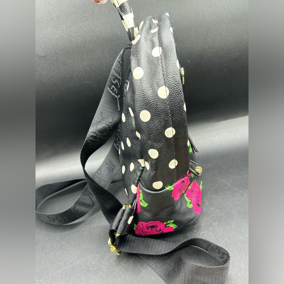 Betsy Johnson Polkadot Roses Leather Mini Backpack Black White Red - Picture 6 of 12
